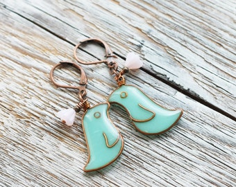 Mint bird earrings