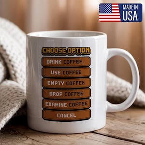 Choose Option Coffee Mug – Funny Gamer Gift, Pixel RPG Video Game Mug for Coffee Lovers, Geeky Gaming Cup for Men & Women, Made in USA,