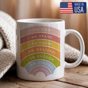 Rainbow Affirmations Mug, Positive Quote Coffee Cup, I Am Loved Strong Enough Mug, Inspiring Gift for Friends, Coworkers, Self Love Reminder