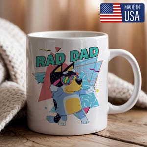 Rad Dad Coffee Mug, Cool Cartoon Dog Design, Retro 80s Style Fun Gift for Dad, Unique Dog Lover Cup, Perfect Father’s Day Present