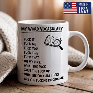 Funny Swear Word Vocabulary Mug, Sarcastic Gag Gift for Coworker, Office Humor Coffee Cup, Profanity Meme Mug, Made in USA, Gift for Him
