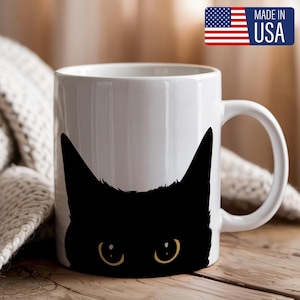 Black Cat Eyes Mug, Cute Black Cat Coffee Cup, Funny Cat Lover Gift for Women Men, Spooky Halloween Cat Mug, Kawaii Cat Drinkware USA