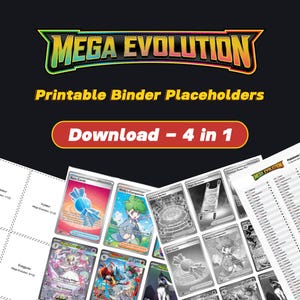 Puede incluir: Imagen promocional para marcadores de carpeta imprimibles "Mega Evolution". La imagen presenta una variedad de diseños de cartas coleccionables coloridas, con el texto "Download - 4 in 1" en una pancarta roja. La pancarta superior dice "Mega Evolution".