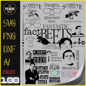 Puede incluir: Una colección de gráficos y texto en blanco y negro de la serie de televisión "The Office". Incluye frases como "Fantastic Beets", "Dwight you ignorant slut" y "M. Scott for President 2020". También incluye archivos SVG, PNG, DXF y AI.