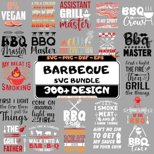Könnte beinhalten: Eine Sammlung von BBQ-Themen-SVG-Designs mit Textgrafiken wie "BBQ Master" und "Smoking". Die Designs zeigen Grillwerkzeuge, Lebensmittelillustrationen und humorvolle Phrasen, alles in einem kräftigen, auffälligen Stil, ideal für Grillfans.