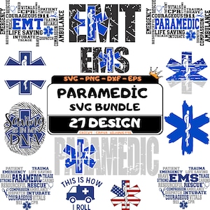 May include: A collection of EMT and Paramedic-themed SVG designs. The designs include the Star of Life symbol, text elements like "EMT," "EMS," and phrases such as "Saving is in my DNA." The bundle contains 27 designs.