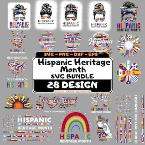 May include: A digital SVG bundle featuring 28 designs for Hispanic Heritage Month. The designs include illustrations of women, hearts, flowers, and the American flag, all incorporating flags from various Hispanic countries. Text includes "Hispanic Heritage Month".