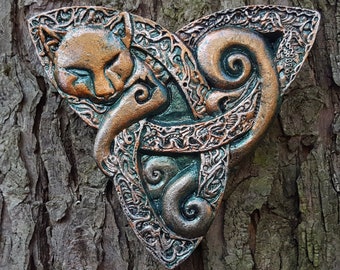 Cat Triquetra Stone Sculpture, Celtic Knot Art Garden Gifts, Garden Art Decor