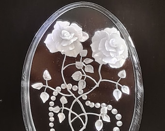 Heart and Roses Hand Carved Lucite Etched Clear Acrylic Floral Design