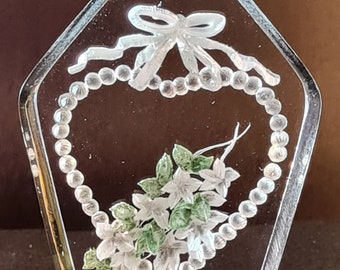 Heart and Flowers Hand Carved Lucite Etched Clear Acrylic Floral Design