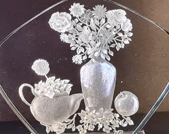 Teapot with Flowers Hand Carved Lucite Etched Clear Acrylic Ornament Still Life Floral Design