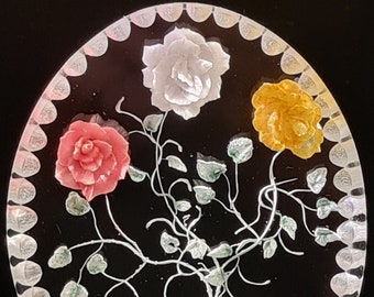 Colorful Roses Hand Carved Lucite Etched Acrylic Paperweight Ornament