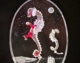 Sky Dragons and Moon Hand Carved Lucite Etched Acrylic Paperweight Ornament