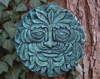 Winter Solstice Green Man Garden Art, Stone Sculpture Fence Art or Front Porch Decor