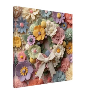 Corona de flores de primavera, obra de arte de fieltro de corona floral, impresión en lienzo de arte textil