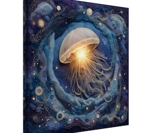 Jellyfish Jewels, Felt Artwork of Bioluminescent Creature, Textile Art Canvas Print