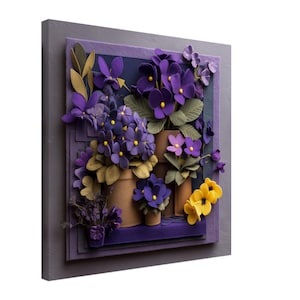 Potted Violet Blooms, Felt Artwork of Potted Violets, Textile Art Canvas Print