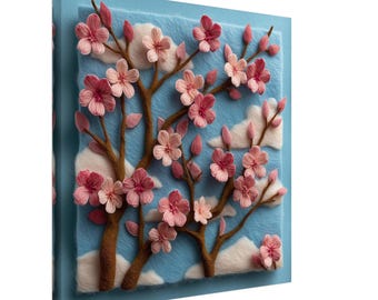 Cherry Blossom Felt Art, Felt Artwork of Spring Cherry Blossoms, Textile Art Canvas Print