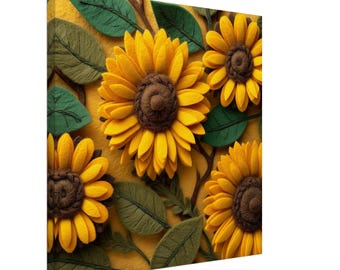 Vilten zonnebloembloesem, vilten kunstwerk van gele bloemen, textielkunstcanvas