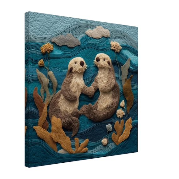 Playful Otters, Felt Artwork of Sea Otters Holding Hands, Textile Art Canvas Print