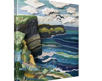Coastal Cliffs, Felt Artwork of a Rugged Seascape, Textile Art Canvas Print
