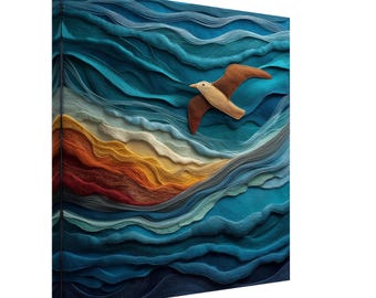 Seagull Over Ocean, Felt Artwork of a Bird in Flight, Textile Art Canvas Print