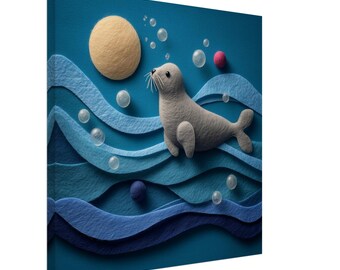 Playful Seal, Felt Artwork of a Baby Seal in Water, Textile Art Canvas Print