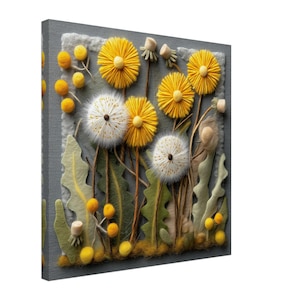 May include: A gray felt background with a 3D felt dandelion flower arrangement. The flowers are yellow and white with brown stems. The background is textured with a fuzzy look.