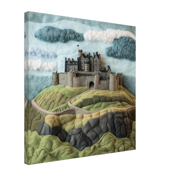 Majestätische Bergburg, Filzkunstwerk der mittelalterlichen Festung, Textilkunst auf Leinwand