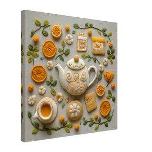 Puede incluir: Una tetera blanca con un diseño floral, una taza de té y un platillo, y varios alimentos de fieltro naranja y amarillo, incluyendo naranjas, galletas y un tarro de miel, están dispuestos sobre un fondo gris claro. Todos los artículos están bordados con detalles, creando una escena caprichosa y encantadora.