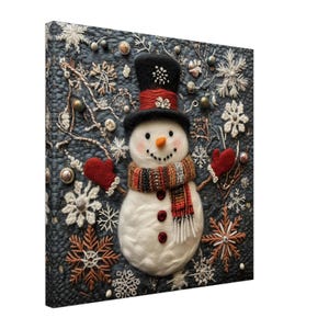 May include: A whimsical snowman art piece. The snowman has a black top hat, a carrot nose, and a patterned scarf. Red mittens and buttons adorn the snowman. The background is a textured blue-gray with snowflake and ornament accents. A festive winter decoration.