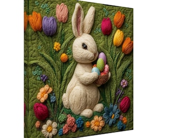 Osterhase Blüte, Filz Kunstwerk Frühling, Textilkunst Leinwanddruck