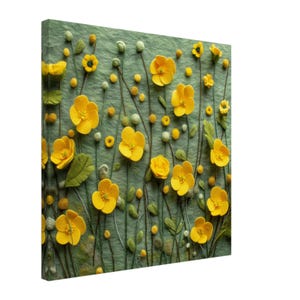 May include: A green felt background with yellow felt flowers and green felt stems. The flowers are arranged in a random pattern and are of varying sizes.