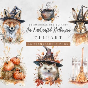 Halloween Clipart: Watercolor Cottagecore Animals, Pumpkins (Digital Download PNGs)