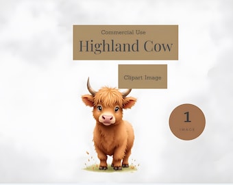 Highland Cow Clipart, Watercolor Farm Animal PNG (Digital Download)