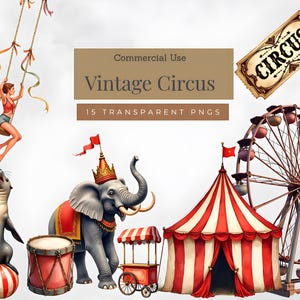 May include: A collection of vintage circus-themed illustrations. The image includes a Ferris wheel, circus tent, elephant with a crown, seal balancing a ball, a woman on a swing, and a ticket that says "CIRCUS". The text "Vintage Circus" is also present.