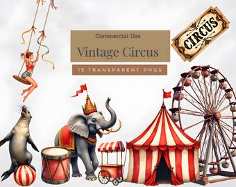 Vintage Circus Clipart PNG, Commercial Use Circus Graphics, Retro Carnival Animals Tent Elements, Printable Design Bundle for Etsy Sellers