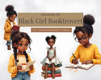 Black Girl Reading Clipart: Book Lover PNG Graphics (Digital Download)