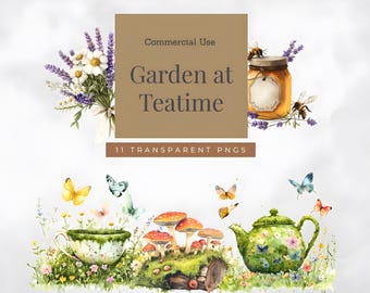 Cottagecore Floral Clipart: Watercolor Teapot, Garden PNG (Digital Download)