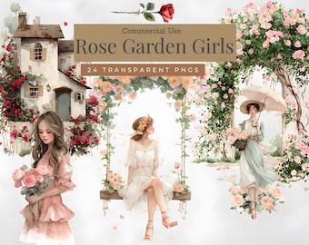 Clipart di roseto ad acquerello: ragazze floreali PNG (uso commerciale, download digitale)