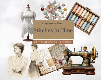 Vintage Sewing Clipart, Floral Watercolor PNG, Seamstress Digital Download, Crafting Graphics for Scrapbooking