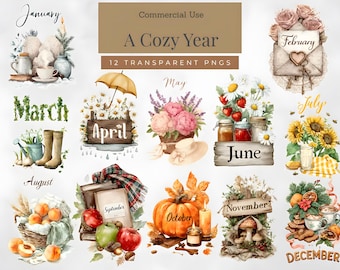 Een gezellige maandelijkse aquarelkalender voor het jaar, seizoensgebonden png-bundel (digitale download)