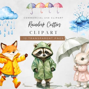 Rainy Day Clipart, Watercolor Weather Illustrations, Cute Spring Graphics, Digital Download for Crafts, Commercial Use, Umbrella & Raindrops