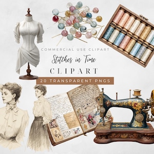 Vintage Sewing Clipart, Floral Watercolor PNG, Seamstress Digital Download, Crafting Graphics for Scrapbooking