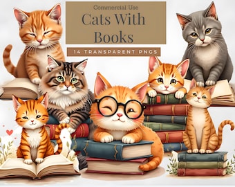 Cozy Cats with Books Clipart, Watercolor Style (PNG, Commercial Use)