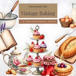 Op de afbeelding: Een digitale illustratie van vintage bakbenodigdheden. Bevat een mengkom met een garde, een open kookboek, een theepot, cupcakes op een etagère, een brood, een taart, een pot jam, eieren en een melkfles. De tekst "Commercial Use Vintage Baking" is ook aanwezig.