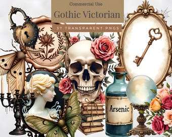 Gothic Victorian Clipart PNG Bundle, Dark Romance Antique Graphics, Skull Floral Vintage Elements, Gothic Aesthetic Printable Design Set
