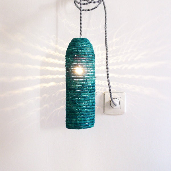 Natural raffia lamp with textile cable, switch and plug - teal