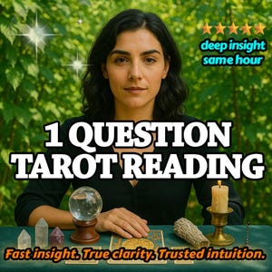 May include: A woman with dark hair is centered in front of a green background. The text "1 QUESTION TAROT READING" is displayed. The image includes a crystal ball, tarot cards, crystals, a candle, and the text "deep insight same hour" and "Fast insight. True clarity. Trusted intuition."