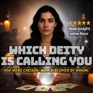 Op de afbeelding: Een afbeelding met een vrouw met donker haar, gecentreerd in het frame, met de tekst "WHICH DEITY IS CALLING YOU". De afbeelding bevat ook een gloeiende bol, tarotkaarten, kaarsen en de tekst "deep insight same hour".